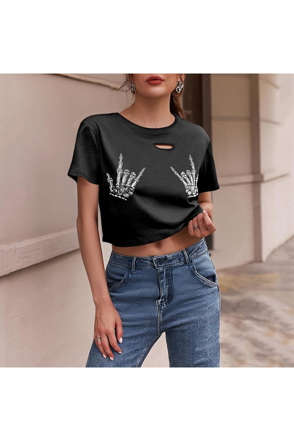 Womens Summer Tops Womens Summer Tops Women Halloween Gothic Skeleton Print Distressed Crop Top Short Sleeve Round Neck Casual Tee For Fall Spring XS