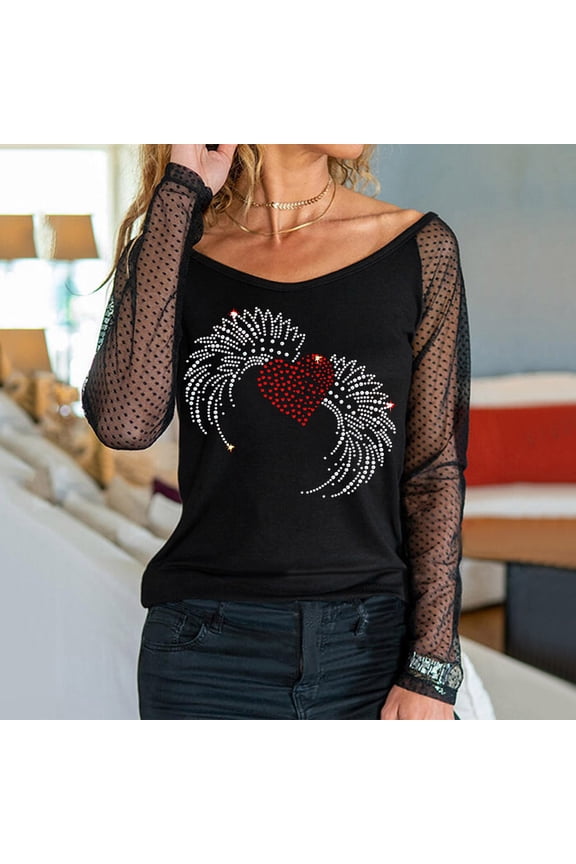 Womens Summer Tops Womens Summer Tops Women Lightweight Rhinestone Net Yarn Long Sleeve Pullover Shirt O Neck Casual Party Blouse Tops Strap Wear 3XL