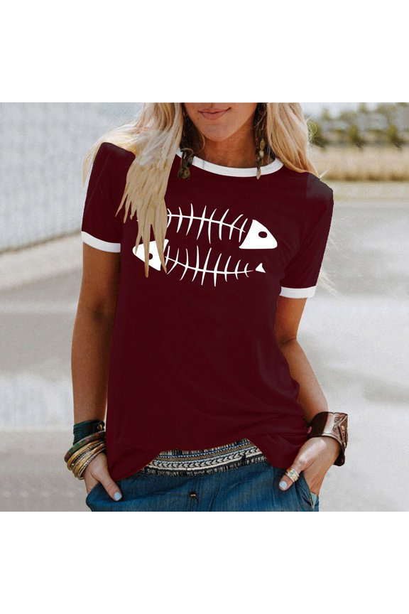 Womens Summer Tops Womens Summer Tops Women Summer Casual O Neck Fishbone Print Short Sleeve Contrasting Colors T Shirt Top S