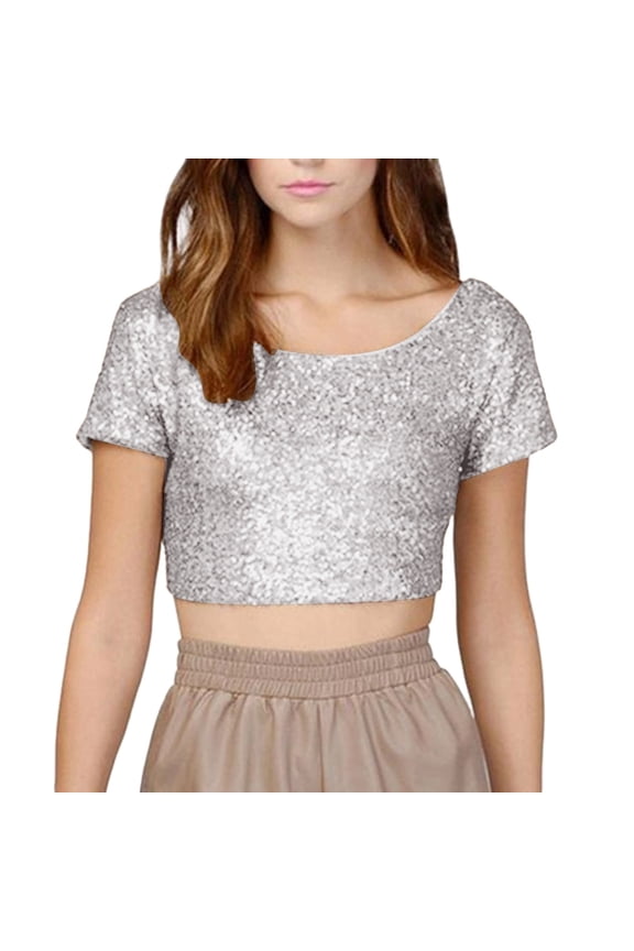 Womens Summer Tops Womens Summer Tops Women's T-Shirts T Sparkling Sequins Backless Crop Top Multicolor T Shirt S