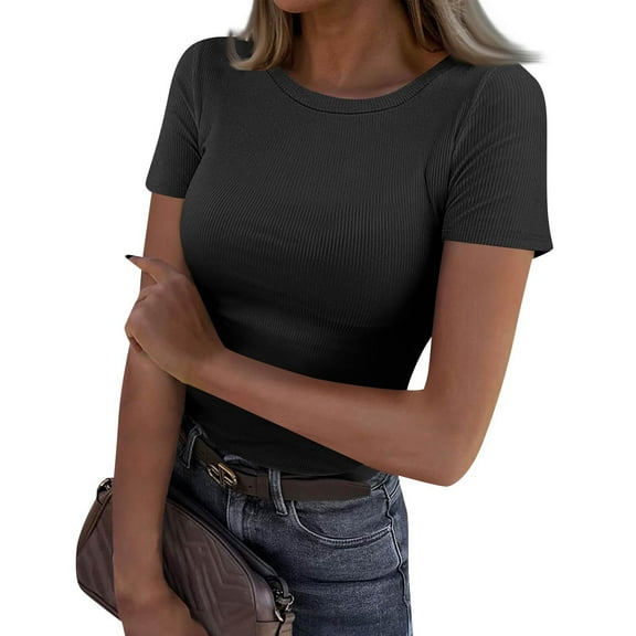 Womens Summer Tops, Workout Cotton Short Sleeved V Neck Solid T-Shirt Basic Top Sweat For Half Sleeve Tops Women Off The Shoulder Top Length Green Tops Tunic Top Corset (L, Black) ZMTing