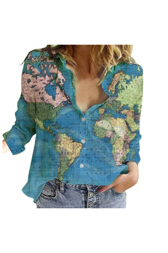 Womens Summer Tops World Casual Lapel Top Loose Map Sleeve Long Button Print Shirt Shirts for Women Sky Blue S