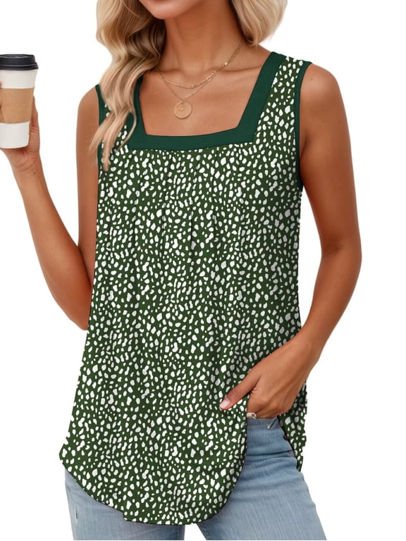 Womens Summer Tops Comfy Square Neck Sleeveless Shirts Casual Polka Dots Tank Green Leopard Printed XL