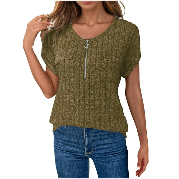 Womens Summer Tops Zip Front Short Sleeve V Neck & Crewneck Dressy Casual Loose Fit Trendy Plus Size Fashion Trendy Cute Comfortable Lightweight Soft T Shirts
