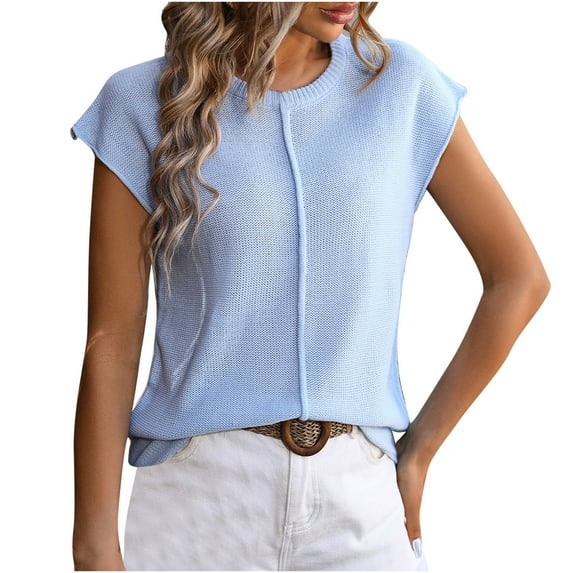 Womens Summer Tops qolati Casual Caps Sleeve Crew Neck Ribbed Knit T Shirts 2024 Fashion Loose Basic Pullover Tunic Blouse