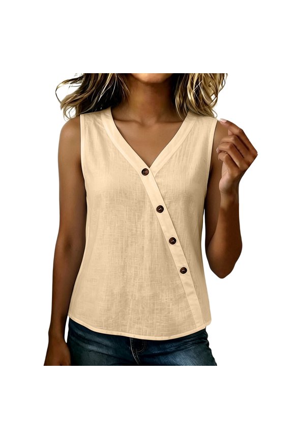 Womens Summer Tops with Oblique Buttons, Sleeveless Shirts for Women Dressy Casual Lightweight V Neck Tank Tops Mothers Gifts