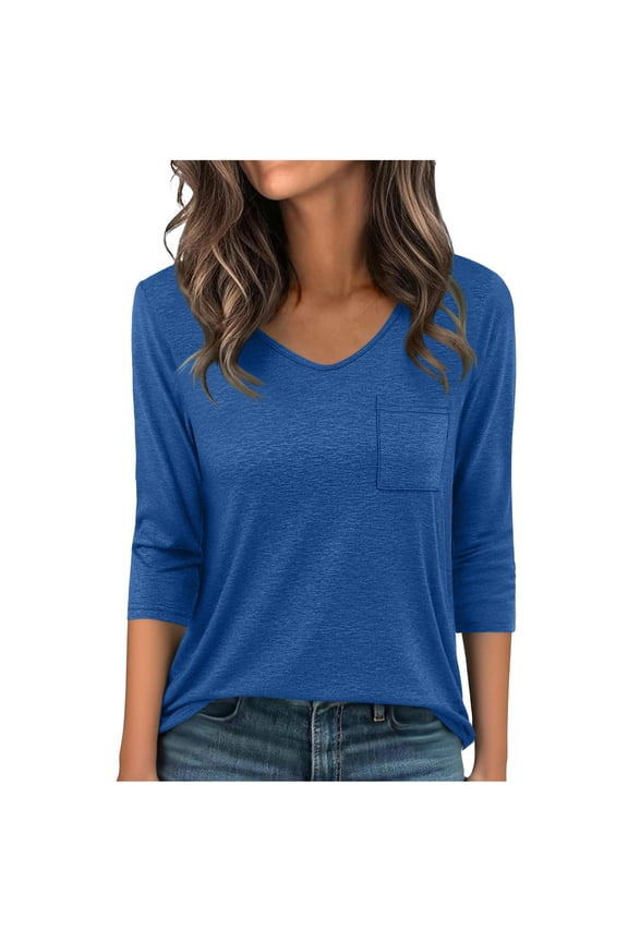 Womens Summer Tops with Pockets, 3/4 Sleeve Shirts for Women Casual Loose Fit Solid Color V Neck T-Shirts