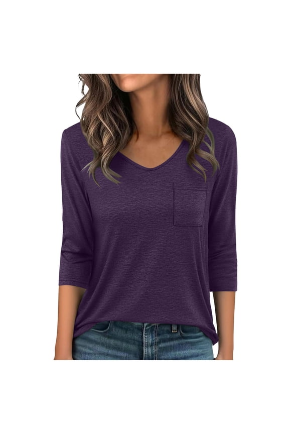 Womens Summer Tops with Pockets, 3/4 Sleeve Shirts for Women Casual Loose Fit Solid Color V Neck T-Shirts