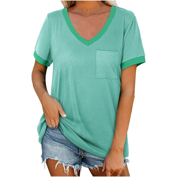 Womens Summer Tops with Pockets, Short Sleeve Shirts for Women Casual Loose Fit Solid Color V Neck T-Shirts