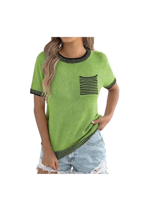 Womens Summer Tops with Pockets, Short Sleeve Shirts for Women Casual Vintage Solid Color Crewneck T-Shirts