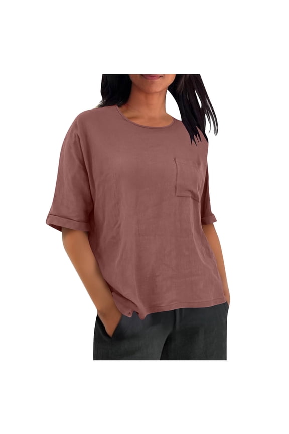 Womens Summer Tops with Pockets. Short Sleeve Shirts for Women Casual Vintage Solid Color Crewneck T-Shirts
