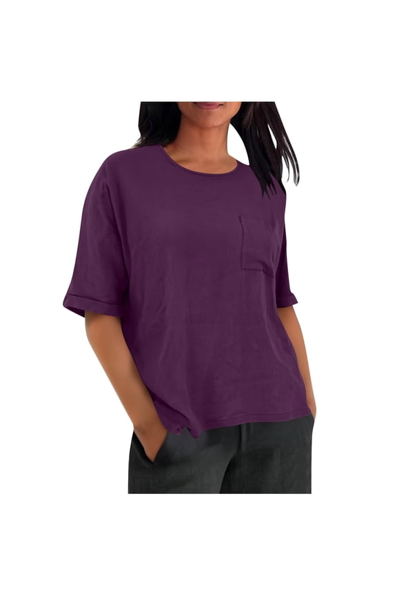 Womens Summer Tops with Pockets. Short Sleeve Shirts for Women Casual Vintage Solid Color Crewneck T-Shirts