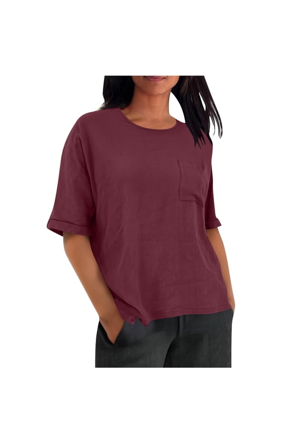 Womens Summer Tops with Pockets. Short Sleeve Shirts for Women Casual Vintage Solid Color Crewneck T-Shirts