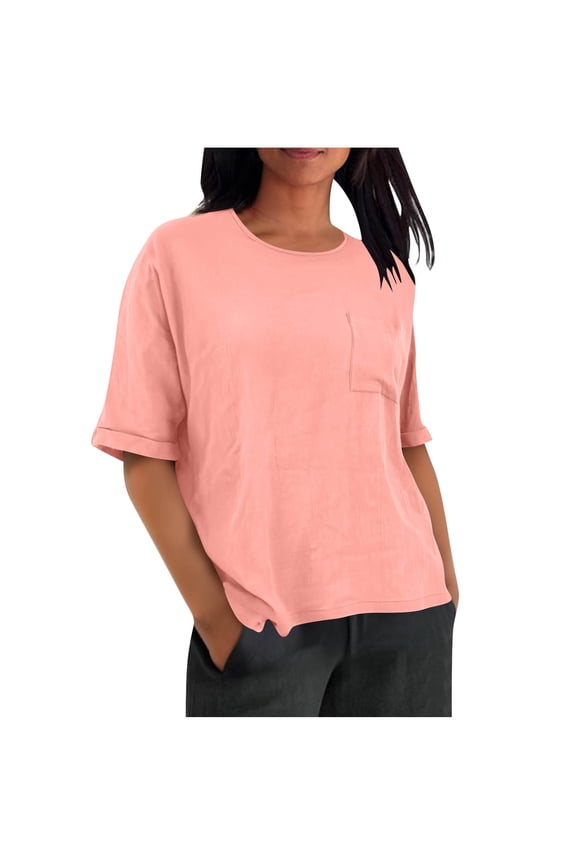 Womens Summer Tops with Pockets. Short Sleeve Shirts for Women Casual Vintage Solid Color Crewneck T-Shirts