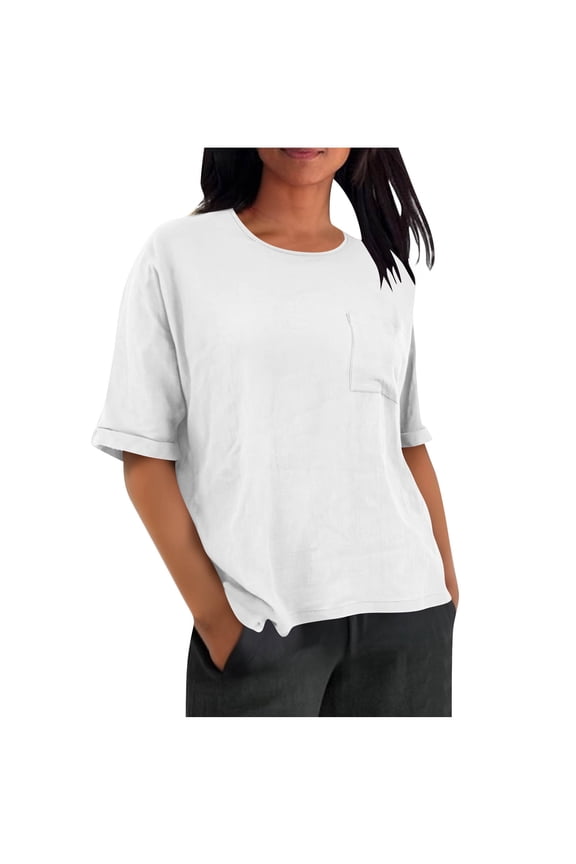 Womens Summer Tops with Pockets. Short Sleeve Shirts for Women Casual Vintage Solid Color Crewneck T-Shirts