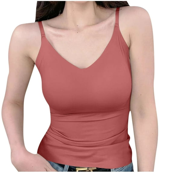 Womens Summer Training Cami Tops V-Neck Breathable Tunic Tanks Spaghetti Strap Sleeveless Tee One Piece Seamless Bra Workout Yoga Top