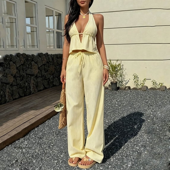 Womens Summer Travel Set Striped Backless Top Wide Leg Pants Set Elastic Waist V-Neck Cropped Tops, Lightweight Vacation Outfits Yellow S
