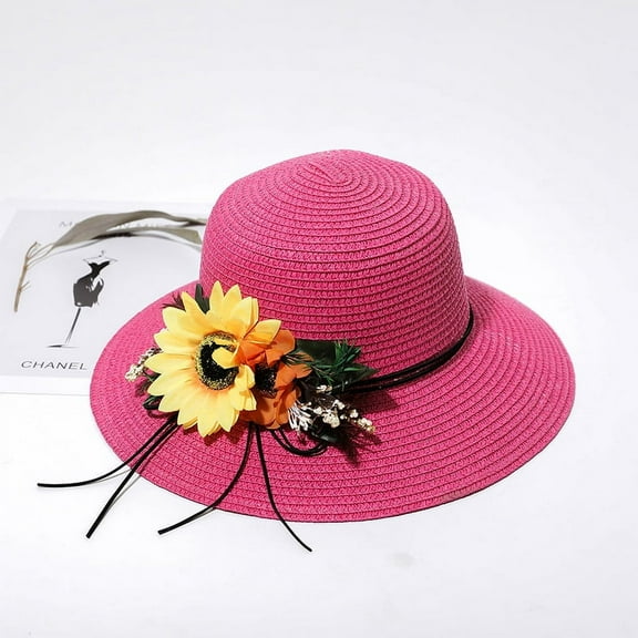 Womens Summer Traveling Staw Sun Hats Wide Brim Hats Sun Protection UPF50+ Floppy Teen Girls Beach Hat with Flower