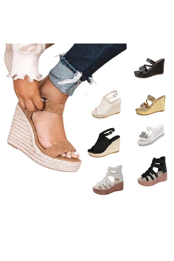 Raffia Platform Strappy Heeled Sandals,Wedge Heel Shoes with Hemp Rope Detailing (Women's Size 7.5)