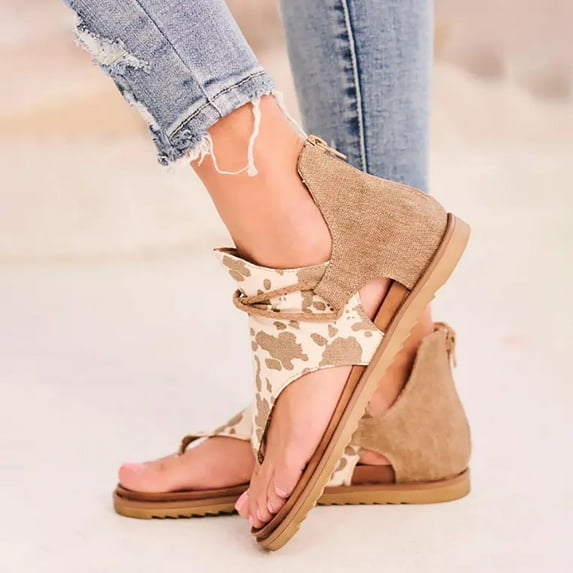 Womens Summer Trends!AXXD Girls Sandals,Plus Size Printed Flat Flip Flops Back Zipper Sandals For Girls Clearance Size 9.5-10