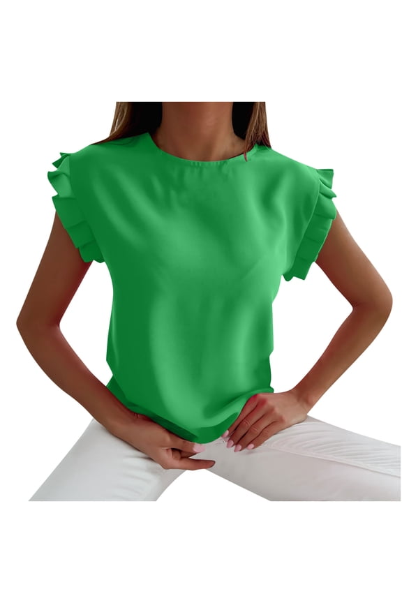 Womens Summer Trendy Tee Ruffle Sleeve Blouses Tops Casual Lightweight Shirts Loose Fit Soft Tees Pullover