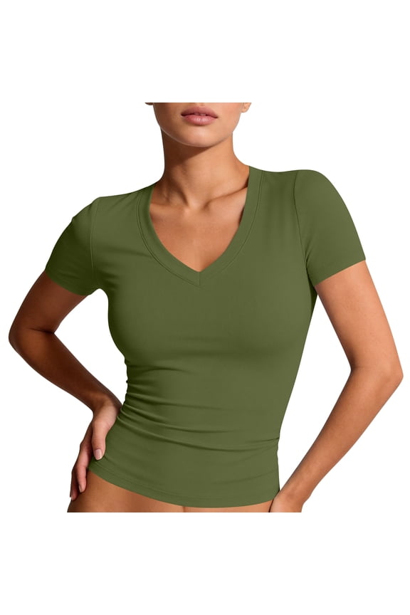 Womens Summer Tshirt Short Sleeve Deep V Neck Shirts Casual Slim Fit Basic Tee Army Green L