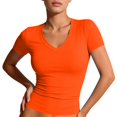 thumbnail image 1 of Womens Summer Tshirt Short Sleeve Deep V Neck Shirts Casual Slim Fit Basic Tee Orange L, 1 of 5
