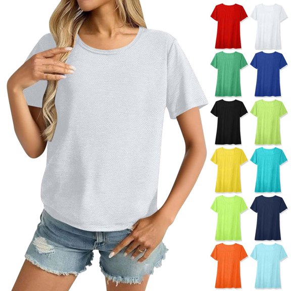 Womens Summer Tshirts Round Neck White Sports Quick Drying Breathable Solid Color Short Sleeve Shirts Blouses M
