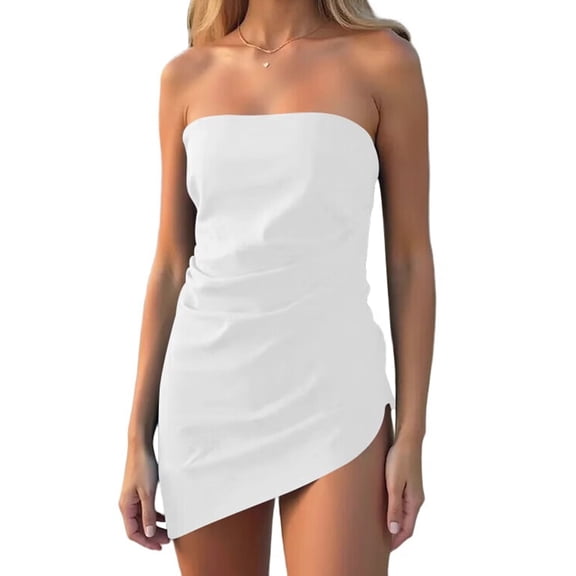 Womens Summer Tube Tops 2025 Trendy Strapless Ruched Going Out Tops Outfits Asymmetrical Bandeau Shirts White S