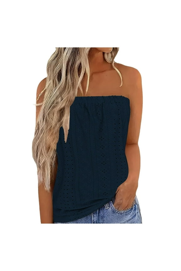 Womens Summer Tube Tops Casual Fashion Strapless Eyelet Tanks Cute Off Shoulder Tunic Shirts Flowy Vacation Blouses