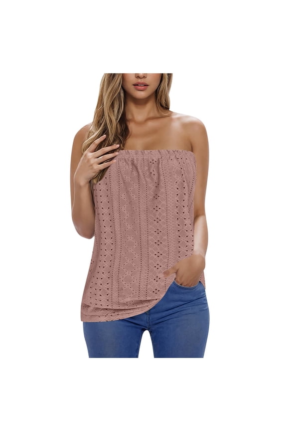 Womens Summer Tube Tops Casual Strapless Eyelet Bandeau Tanks Cute Off Shoulder Tunic Shirts Flowy Vacation Blouses