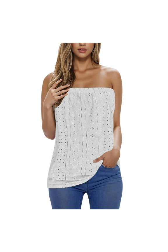 Womens Summer Tube Tops Casual Strapless Eyelet Bandeau Tanks Cute Off Shoulder Tunic Shirts Flowy Vacation Blouses