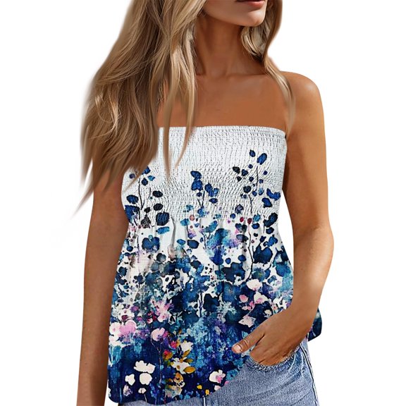 Womens Summer Tube Tops Floral Print Strapless Pleated Tanks Casual Bandeau Sleeveless Shirts