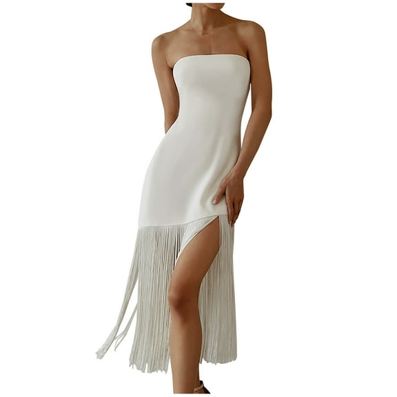 Womens Summer Tube Tops Fringe Tassel Dress Sleeveless Strapless Solid Color Beach Sundress Party Dress