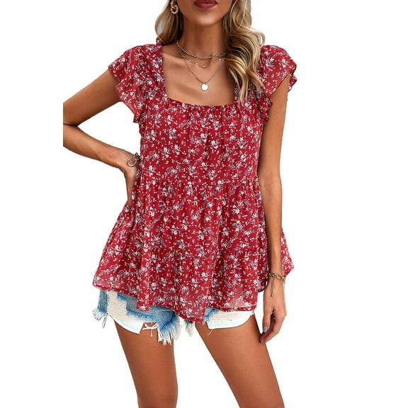 Womens Summer Tunic Tops Casual Dressy Blouse Loose Fit Short Sleeve T Shirts Red XL