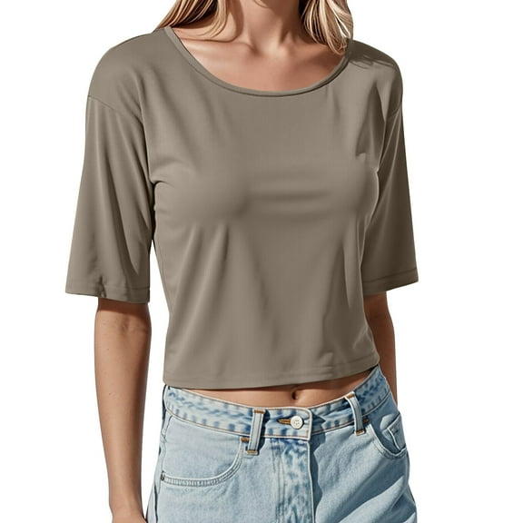 Womens Summer Tunic Tops Ribbed Knit Crew Neck Short Sleeved Cropped Blouses Casual Slim Fit Workout Shirts 2025 Fashion Trendy Clothes