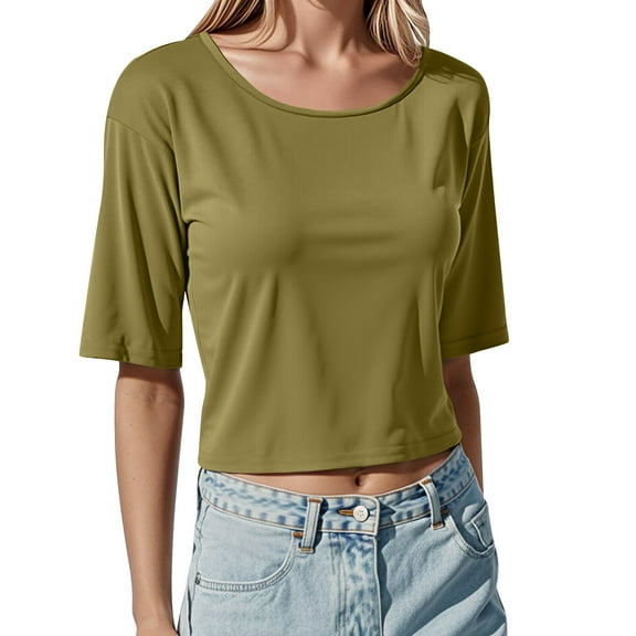 Womens Summer Tunic Tops Ribbed Knit Crew Neck Short Sleeved Cropped Blouses Casual Slim Fit Workout Shirts 2025 Fashion Trendy Clothes