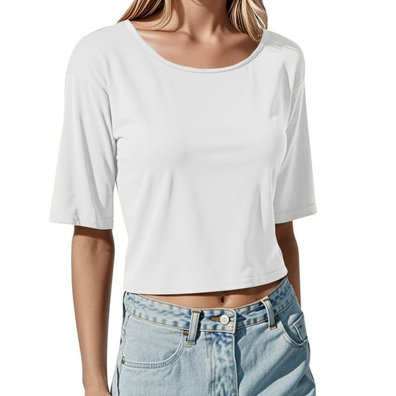 Womens Summer Tunic Tops Ribbed Knit Crew Neck Short Sleeved Cropped Blouses Casual Slim Fit Workout Shirts 2025 Fashion Trendy Clothes