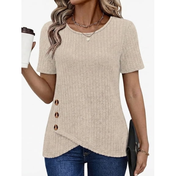 Womens Summer Tunic Tops Short Sleeve Crew Neck Casual Shirts Button Detail Loose Fit T Shirts for Daily Wear Vacation