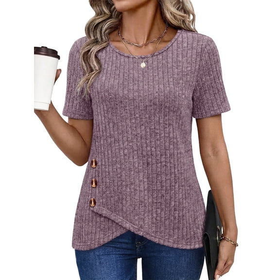 Womens Summer Tunic Tops Short Sleeve Crew Neck Casual Shirts Button Detail Loose Fit T Shirts for Daily Wear Vacation
