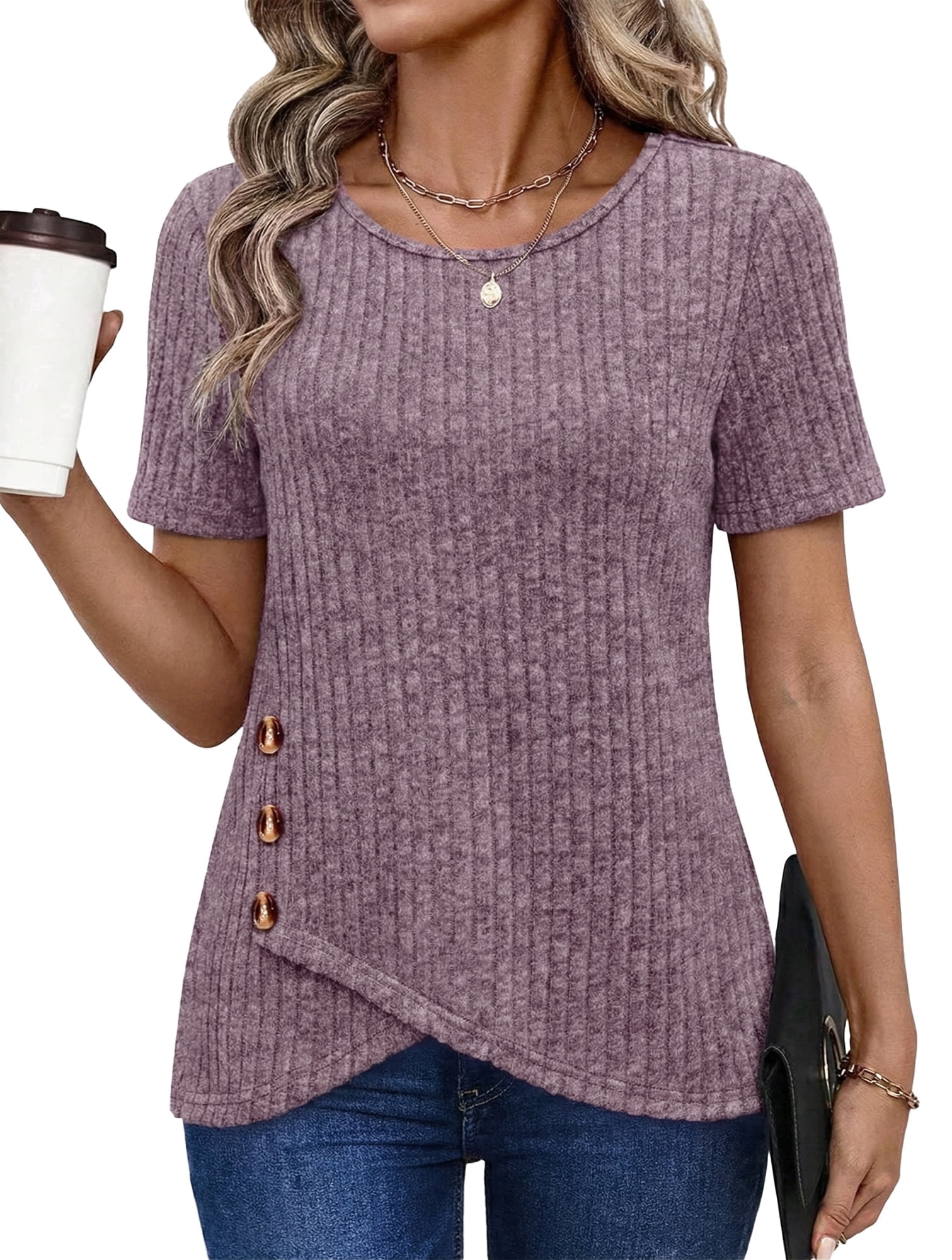 Womens Summer Tunic Tops Short Sleeve Crew Neck Casual Shirts Button ...