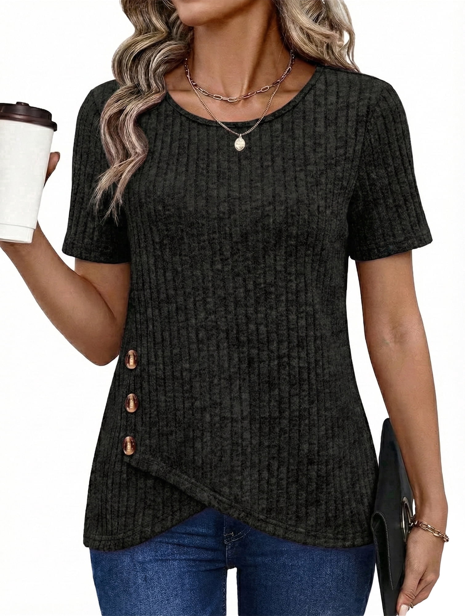 Womens Summer Tunic Tops Short Sleeve Crew Neck Casual Shirts Button ...