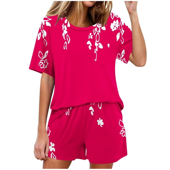 Womens Summer Two Piece Outfits Fashion Plus Size Casual Solid Color Home Short Sleeved Round Neck Pajama Top With Pants Set
