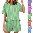 thumbnail image 1 of Womens Summer Two Piece Outfits Fashion Plus Size Casual Solid Color Home Short Sleeved Round Neck Pajama Top With Pants Set, 1 of 1