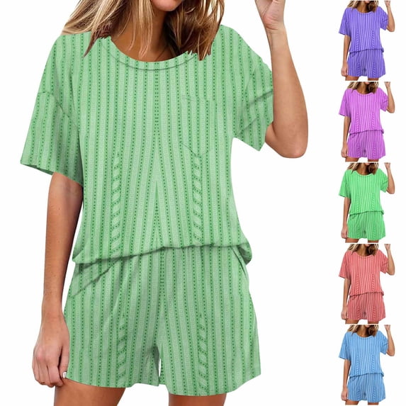 Womens Summer Two Piece Outfits Fashion Plus Size Casual Solid Color Home Short Sleeved Round Neck Pajama Top With Pants Set