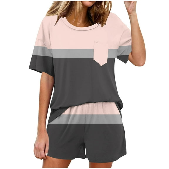 Womens Summer Two Piece Outfits Fashion Plus Size Casual Solid Color Home Short Sleeved Round Neck Pajama Top With Pants Set
