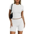 thumbnail image 1 of Womens Summer Two Piece Outfits Fashion Plus Size Casual Solid Color Short Sleevele Round-Neck Blouses Tops Shorts Elastic Waist Sets, 1 of 1