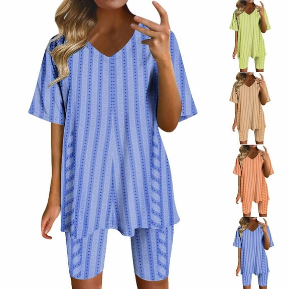 Womens Summer Two Piece Outfits Fashion Plus Size Printed V-Neck Blouse Short Sleeve Tops Shorts Casual Suit Sets