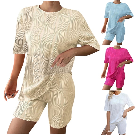 Womens Summer Two Piece Outfits Fashion Plus Size Summer Slim Casual Loose Water Ripple Short Sleeved Round Neck Top And Shorts Two-piece Set