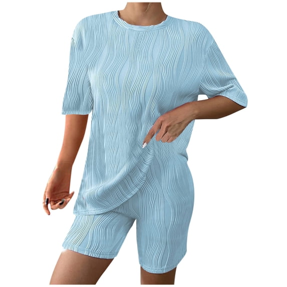 Womens Summer Two Piece Outfits Fashion Plus Size Summer Slim Casual Loose Water Ripple Short Sleeved Round Neck Top And Shorts Two-piece Set